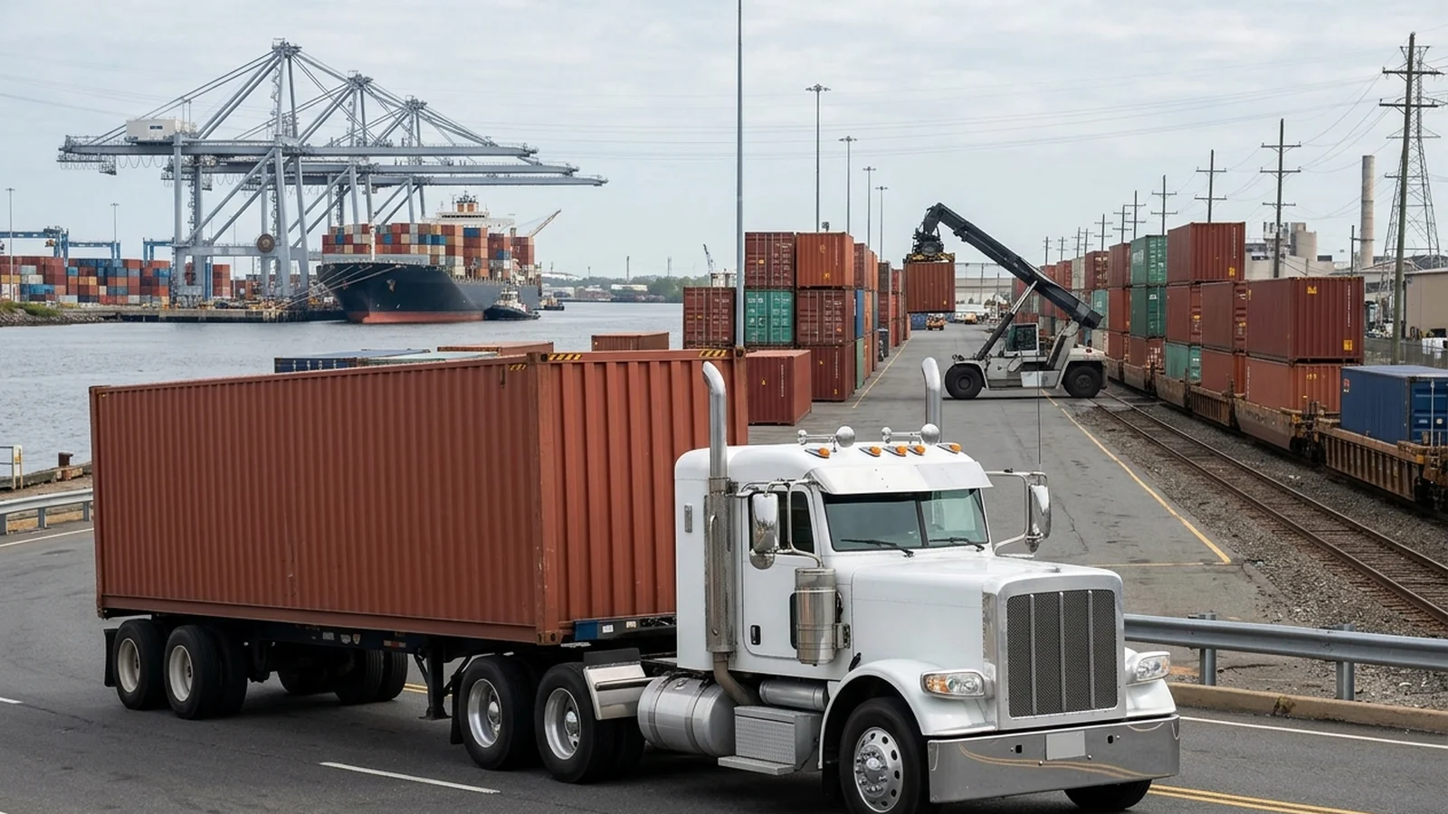 White day cab tractor hauling an ocean container through a Philadelphia-area freight terminal with marine cranes and intermodal rail operations in the background.